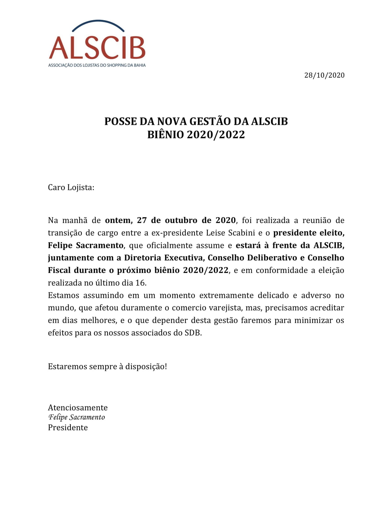Apresentação Nova Gestão ALSCIB - Biênio 2020/2022