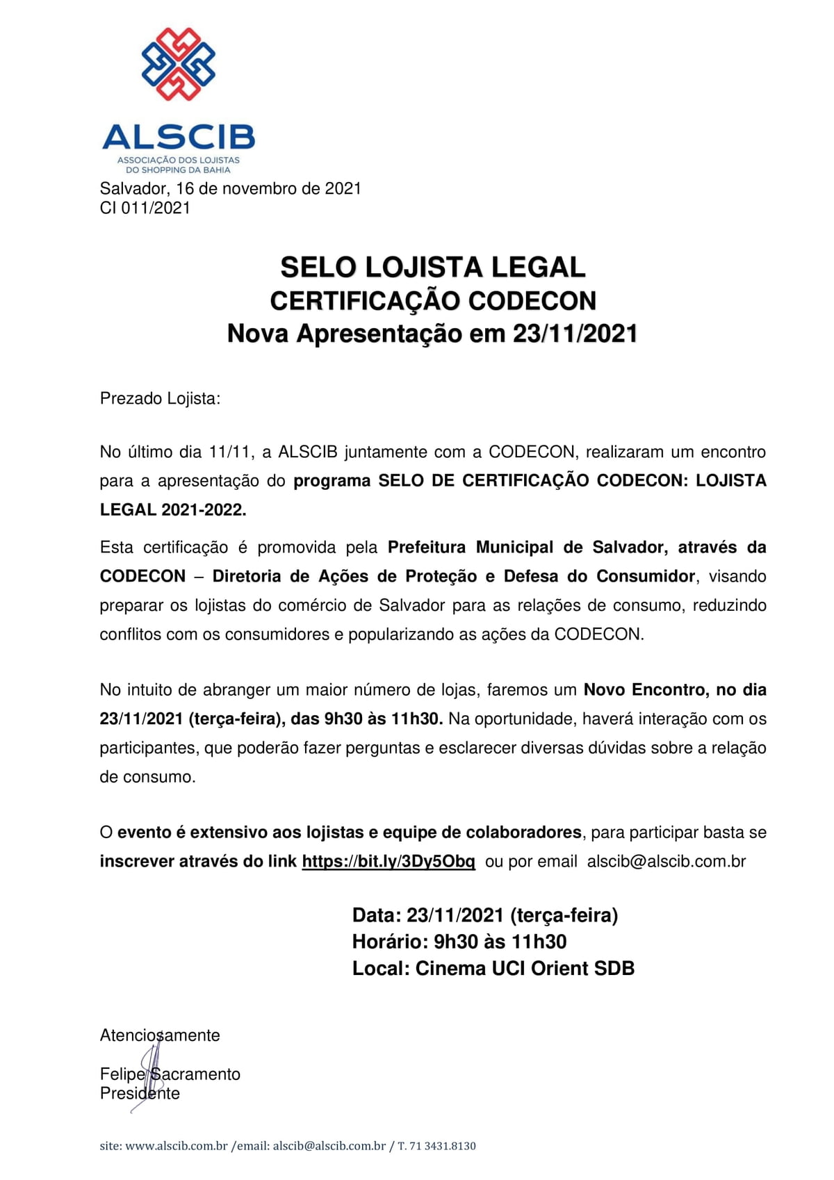 Selo Lojista Legal - Certificação CODECON 23/11/2021 - terça-feira